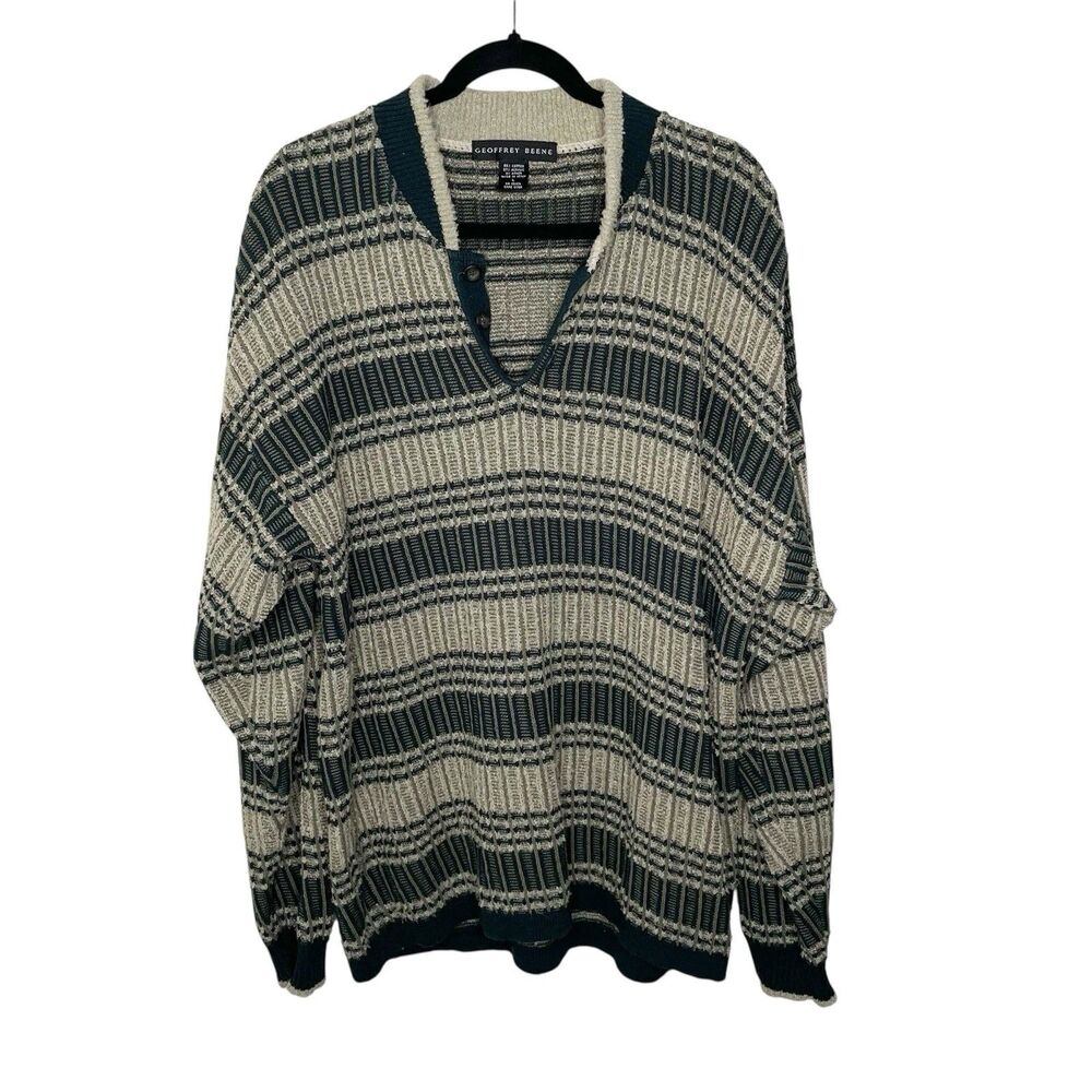 Geoffrey Beene Sweater Mens L Vintage Grandpa Pullover Buttons Striped Knit 90s